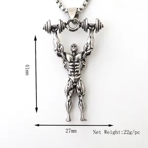 Pendentif musculation fitness argenté de 41mm x 27mm, collier de sport de poids 22g