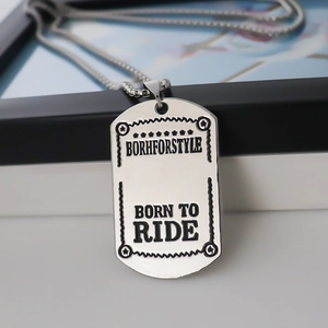 Polished stainless steel military dog tag necklace featuring Born to Ride engraving