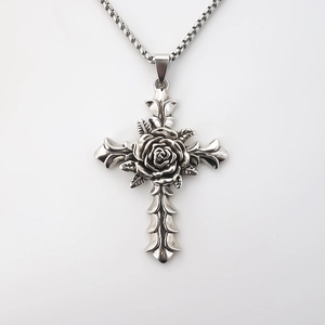 Vintage silver cross necklace with rose relief detail and square box chain for women