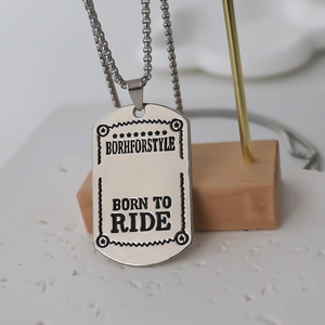 Men's stainless steel military tag necklace with Born to Ride engraving on ball chain