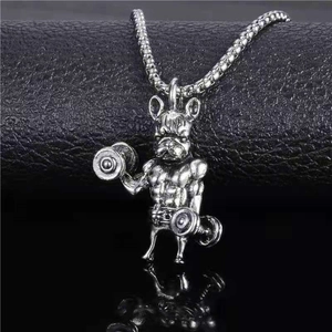 Collar con Colgante de Bulldog Musculoso Fitness Mancuerna de Aleación Retro para Hombre Mujer Joyería Hip Hop Streetwear