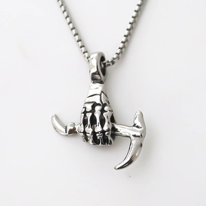 Gothic punk stainless steel skeletal hand clutching a hook pendant on a box chain