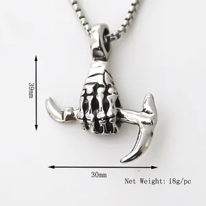 Punk style stainless steel skull hand with pickaxe pendant necklace, 39mm by 30mm