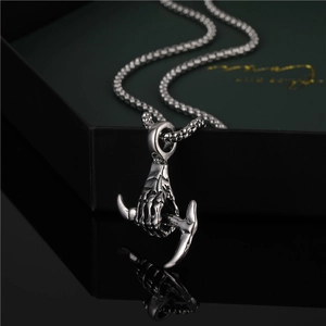 Gothic Punk Skeleton Hand Holding Pickaxe Pendant Necklace For Men Women Alloy Retro Antique Silver Jewelry Streetwear Gift