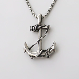 Classic silver stainless steel anchor pendant necklace with rope detail and box chain