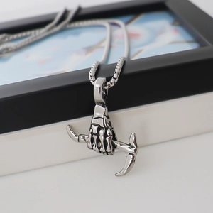 Gothic punk skeleton hand holding scythe pendant on stainless steel chain necklace