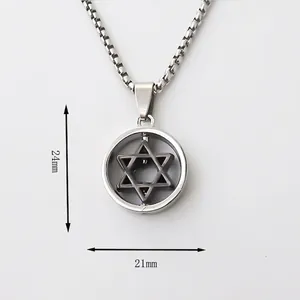 Collier à pendentif hexagramme rotatif argenté avec cadre rond et chaîne en acier