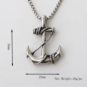 Vintage stainless steel anchor pendant necklace for men with nautical rope texture
