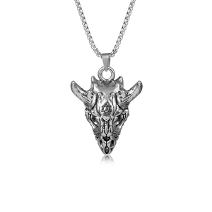 Retro stainless steel bull skull pendant necklace with hexagram detail on white background
