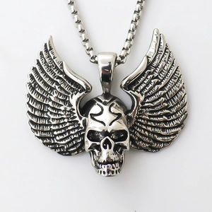 Vintage punk skull pendant with wings on a stainless steel box chain for men