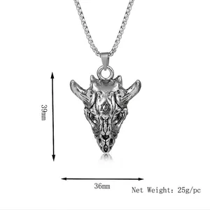Punk style bull skull pendant necklace in retro silver finish, 39mm by 36mm size