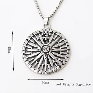 Vintage silver compass necklace pendant with 46mm diameter and square pearl chain