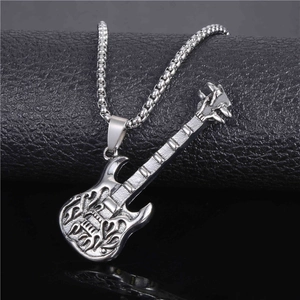 Collier Pendentif Guitare Hip Hop Rock Punk Motif Flamme Chaîne en Alliage d'Argent Bijoux de Mode pour Hommes Femmes