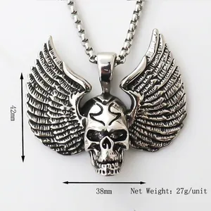 Vintage punk skull pendant with wings on heavy steel box chain, 42mm high and 27g weight