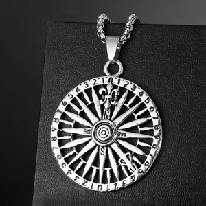 Vintage Alloy Compass Pendant Necklace Retro Geometric Round Charm Long Curb Chain Streetwear Jewelry For Men Women