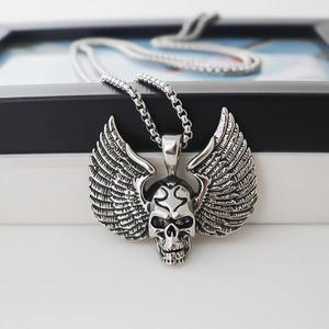 Punk gothic skull pendant with spread wings on vintage stainless steel chain for men