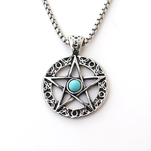 Collana con ciondolo pentacolo vintage in argento con turchese e catena box