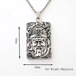 Retro Silber quadratischer Anhänger mit Guan Gong Schnitzerei und Boxkette