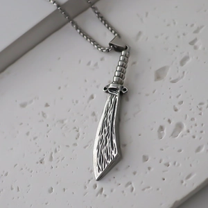 Retro stainless steel dagger pendant necklace with intricate fire pattern and box chain link