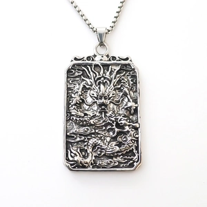 Retro rectangle dragon pendant necklace with embossed relief and box chain for men