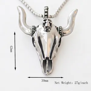 Collier avec pendentif crâne de taureau hip hop en alliage argenté, 42 mm x 39 mm