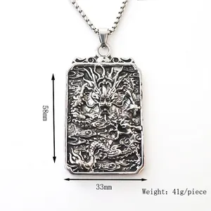 Dragon embossed rectangular pendant necklace in vintage silver with 58mm by 33mm dimensions