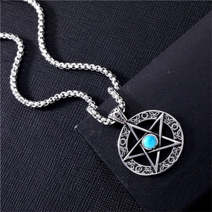 Collana con Pendente a Stella Pentacolo Vintage Tonda Traforata in Lega Turchese Gioielli Gothic Uomo Donna Punk Streetwear