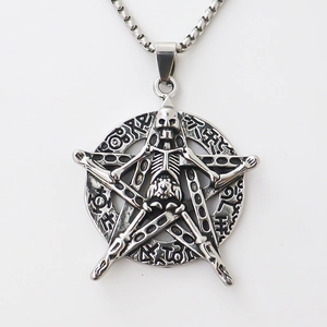 Gothic skull skeleton pentagram pendant necklace with vintage silver finish and chain