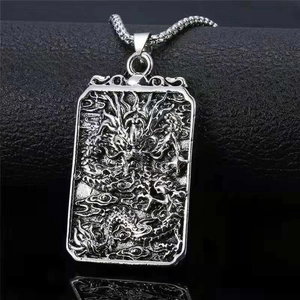 Retro Alloy Dragon Relief Square Tag Pendant Necklace Vintage Carved Dragon Pendant With Curb Chain Punk Style Jewelry Gift