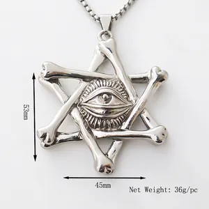 Gothic silver hexagram pendant necklace with skeleton eye design, 53mm x 45mm pendant