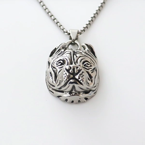 Detailed close-up of a realistic bulldog pendant necklace with silver metallic finish