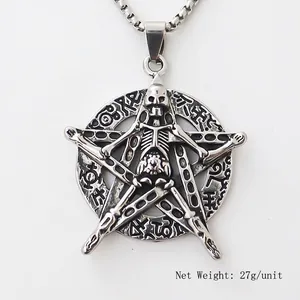 Gothic stainless steel skull and pentagram pendant necklace in retro silver finish