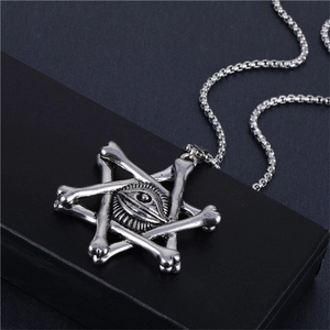 Vintage Gothic Punk Hexagram Bone All-Seeing Eye Pendant Necklace For Men Women Alloy Curb Chain Electroplated Hip Hop Jewelry