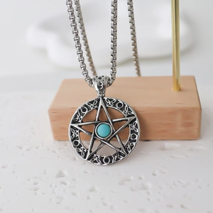 Collana con ciondolo a stella pentagramma argento, turchese e catena vintage