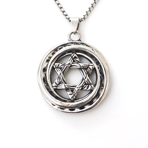 Vintage silver compass necklace for men with hollow hexagram circular pendant detail