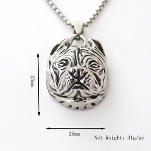 Vintage bulldog head pendant necklace in distressed stainless steel for hip hop style