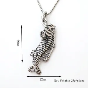 Vintage silver alloy fishbone pendant necklace for men with 60mm length and 22mm width