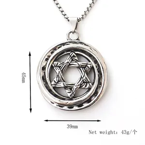 Vintage stainless steel compass pendant necklace with hexagram detail and size markings