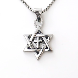 Retro silver hexagram pendant necklace with cross detail and square box chain