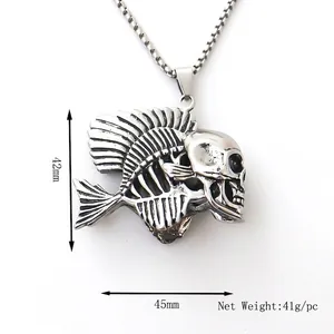 Gothic silver fishbone skull pendant necklace with long bead chain for men accessories