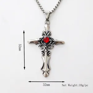Silver cross pendant necklace with red gemstone and vintage engraving, size 52mm x 32mm