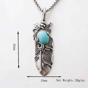 Indian style silver feather pendant necklace with turquoise inlay and square pearl chain