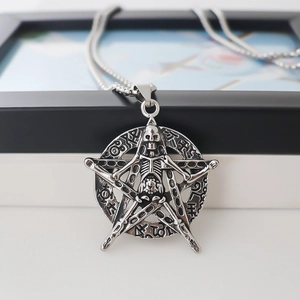 Gothic silver skull pentagram pendant necklace with mystical runes for men