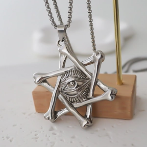 Vintage punk silver necklace featuring an eye of providence bone hexagram pendant on ball chain