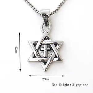 Silver hexagram cross pendant necklace with vintage texture and detailed size dimensions