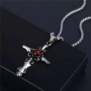 Vintage Gothic Alloy Cross Pendant Necklace With Red Rhinestone Electroplated Curb Chain For Men Women Religious Jewelry