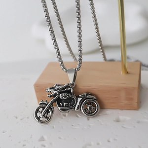 Men's stainless steel necklace with punk motorcycle pendant on square box chain