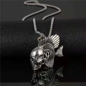 Vintage Gothic Skull Fishbone Pendant Necklace For Men Women Punk Rock Alloy Silver Skeleton Long Chain Fashion Jewelry