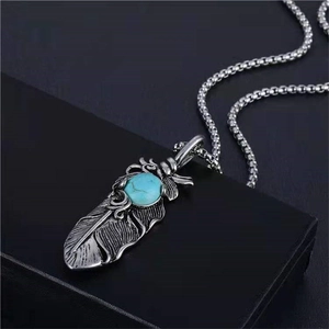 Vintage Indian Style Feather Pendant Necklace Alloy With Artificial Turquoise Retro Silver Box Chain For Men Women Jewelry