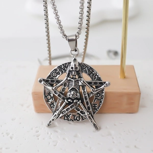 Gothic stainless steel skull necklace with pentagram pendant and box chain for men